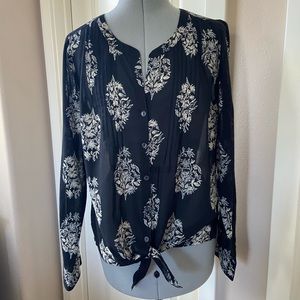 Lucky Brand Tie-front, Button-down, Blouse, Black, Size M
